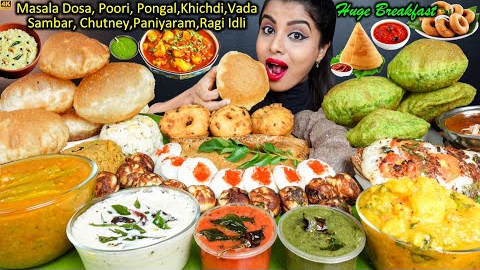 Eating Masala Dosa,Podi Ragi Idli,Pongal,Vada,Sambar,Puri South Indian Street Food ASMR Eating Video