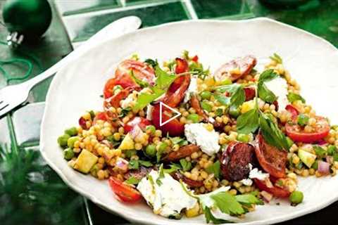 Pearl couscous with chorizo and zucchini with cranberry chutney and mixed lettuce