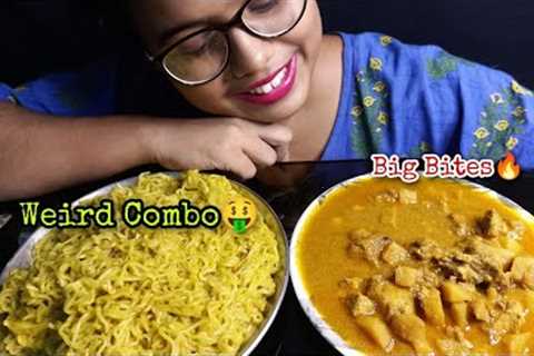 Eating Noodles & Chicken Keema Curry|weird Combo|Indian Food Mukbang|Asmr Big Bites🔥|Messy..