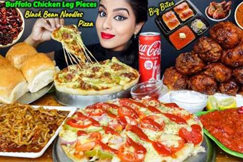 ASMR Eating Spicy Buffalo Chicken Leg Piece,Pav Bhaji,Veg Cheese Pizza Big Bites ASMR Eating Mukbang