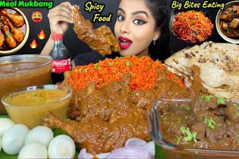 ASMR Eating Spicy Andhra Chicken Thigh masala Curry,Naan,Fried Rice Indian Food ASMR Eating Mukbang