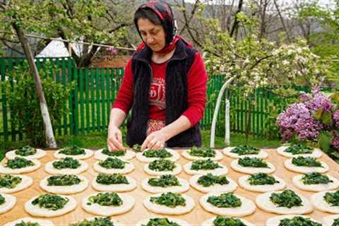 Fried Spinach Piroshki in the Village with fresh herbs - Oriental pastries