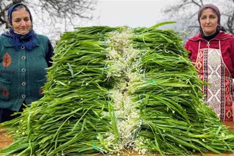 Collected Wild Onions in Mountains and cooked them in a rustic way! National Tortillas with Greens