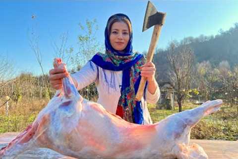 Roasting Whole Lamb in Clay Oven with Saffron Flavor Pilaf in Village