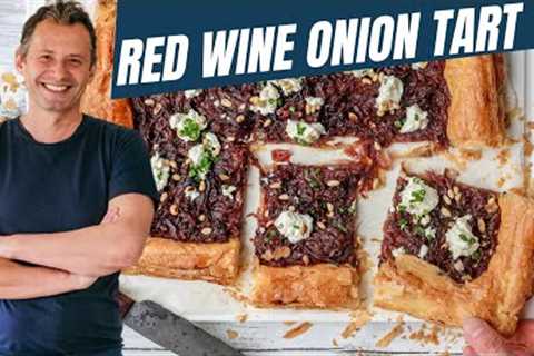 Indulge with this super easy red wine infused onion Tart