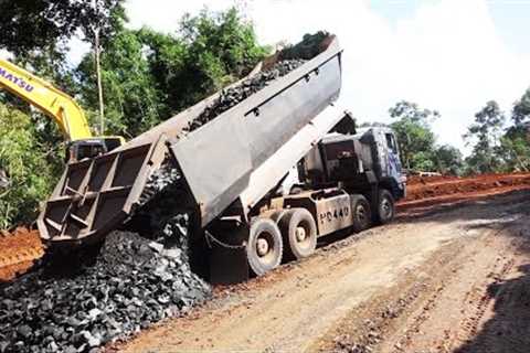 Ultimate Mountain Road Construction Power of Dump Trucks and Excavators Spreads Stone!