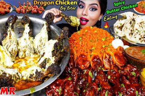 ASMR Eating Spicy Dragon Chicken,Butter Chicken Curry,Rice,Leg Piece Big Bites ASMR Eating Mukbang