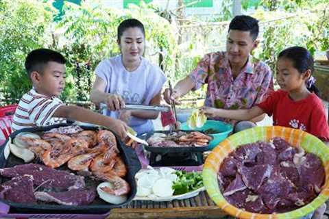 4 country chefs together cooking and eating - Beef, shrimp squid recipe