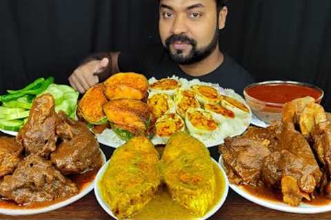 DESI STYLE MUTTON CURRY, HILSA FISH CURRY, BRINJAL FRY, EGGS, GRAVY, RICE MUKBANG ASMR EATING SHOW |