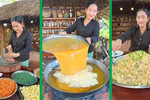 Mommy Sros Cook Egg in pan, stir fry cooked rice with green bean - Cooking with Sros