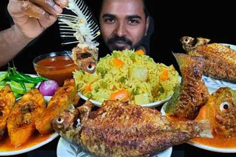 ASMR EATING FISH CURRY, WHOLE FISH FRY, VEGETABLE PULAO & SALAD MUKBANG | FOOD CHALLENGE ASMR..