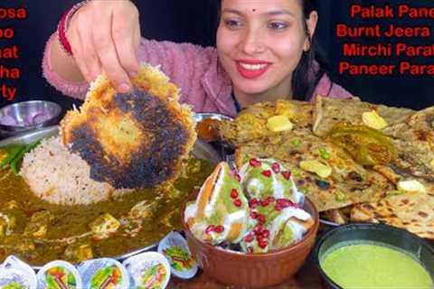 Eating Spicy🔥 Palak Paneer, Burnt Jeera Rice, Aloo Paratha, Mirch Paratha, Paneer Paratha, Pudhina.