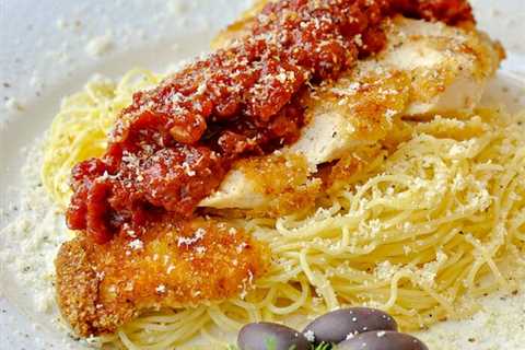 Low Fat Baked Panko Chicken Parmesan with roasted tomato jam.